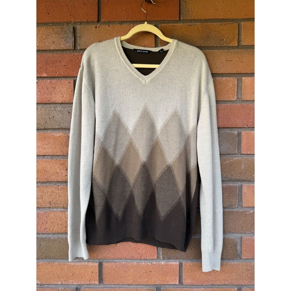 Pierre Cardin Argyl Sweater Classic V-Neck Knit Pullover | Brown | Size Large‎